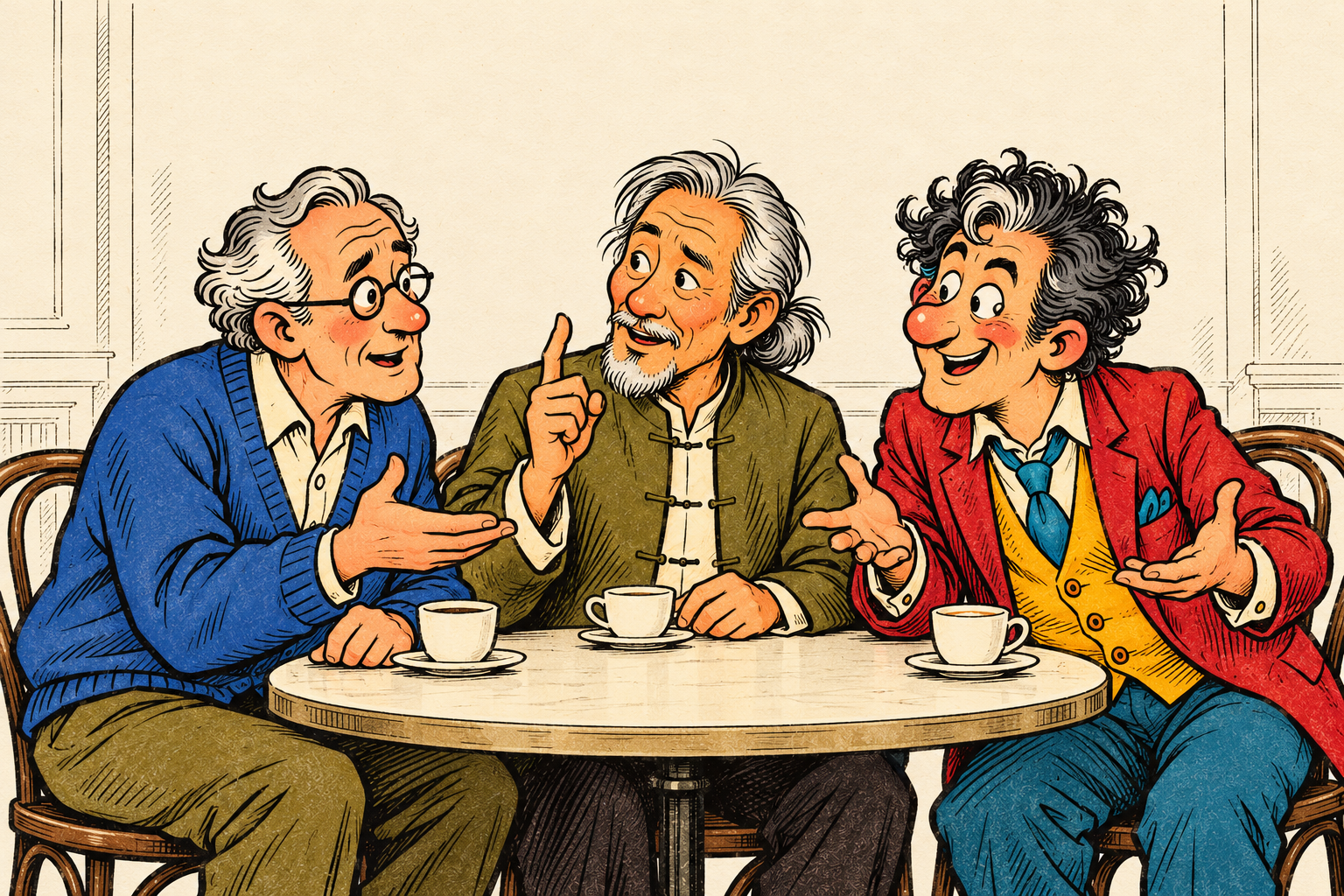 Jing, Jang and Jong leaning forward in an animated café debate, exchanging arguments with expressive gestures.
